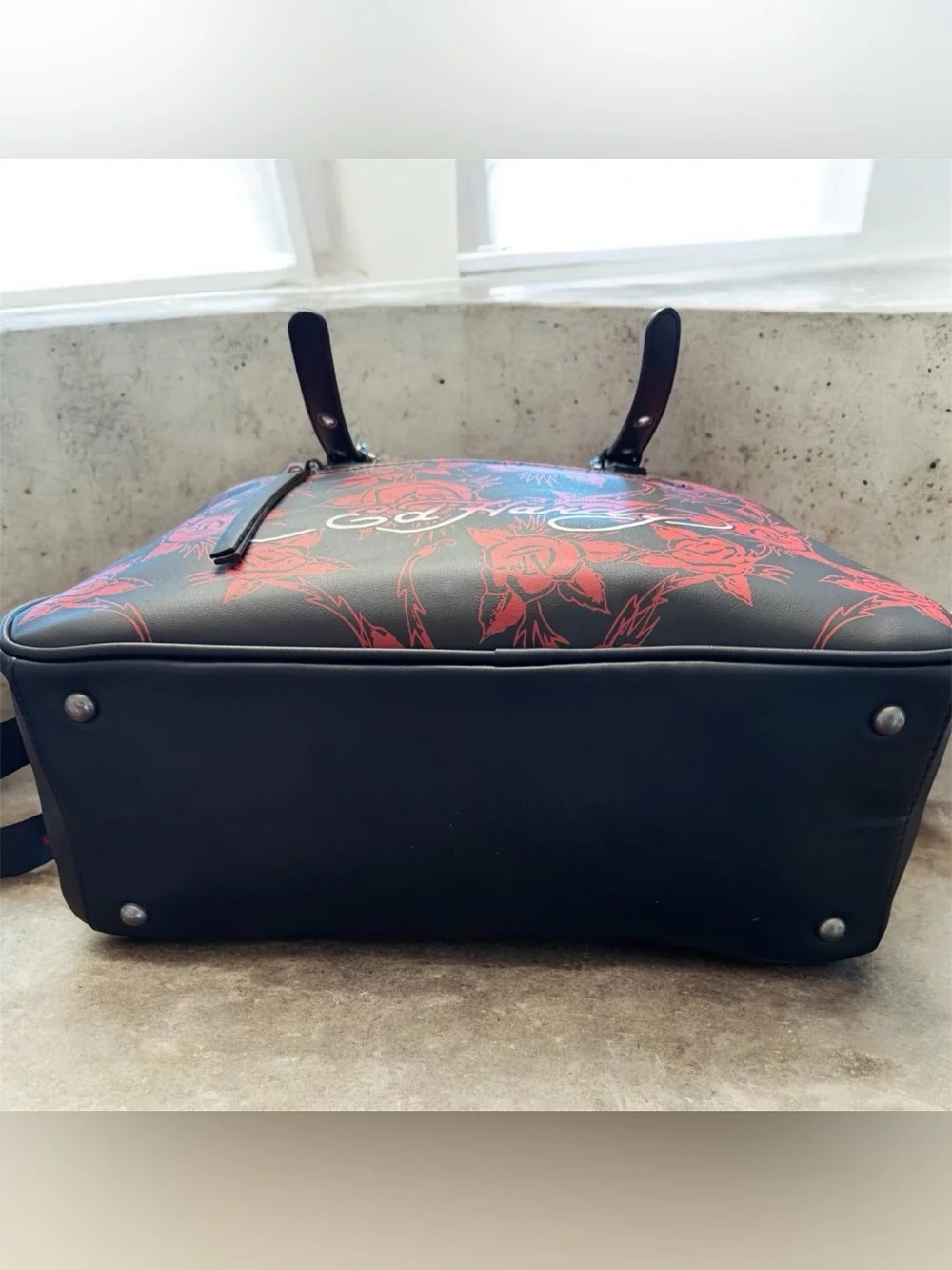 Ed Hardy Black & Red Skull Rose Satchel with Stud Accents
